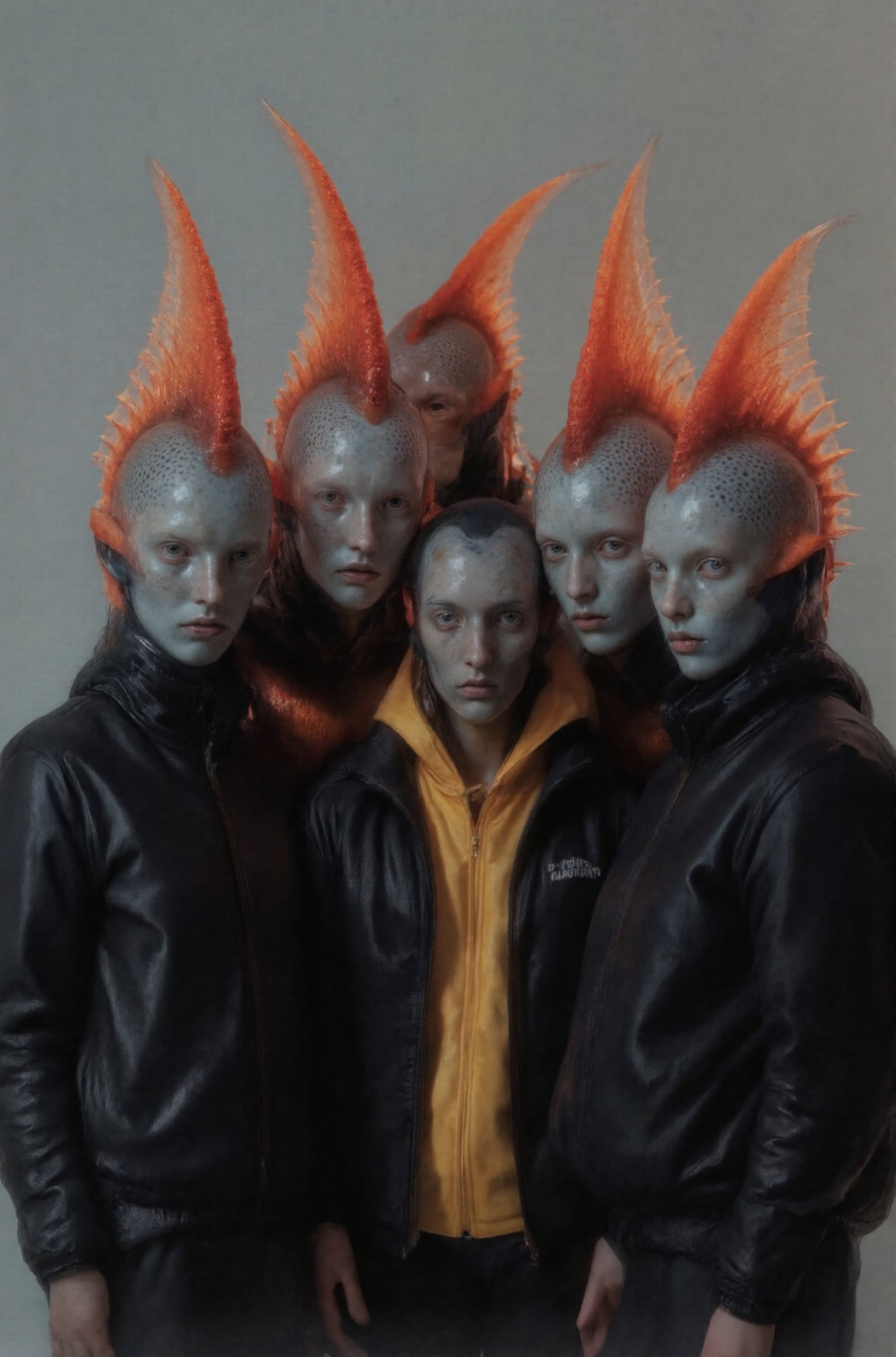 A group of five young fish men are standing together, have red yellow transparent fins,scaly, glowing, posing for a picture. They are all wearing jackets and appear to be dressed in winter attire. The men are positioned close to each other, with one man in the center and the others surrounding him. Each person has their own unique pose, creating an engaging group photo.,Weird_Aquatic_Style,weird_crowd_style,weird_futuristic_fashion