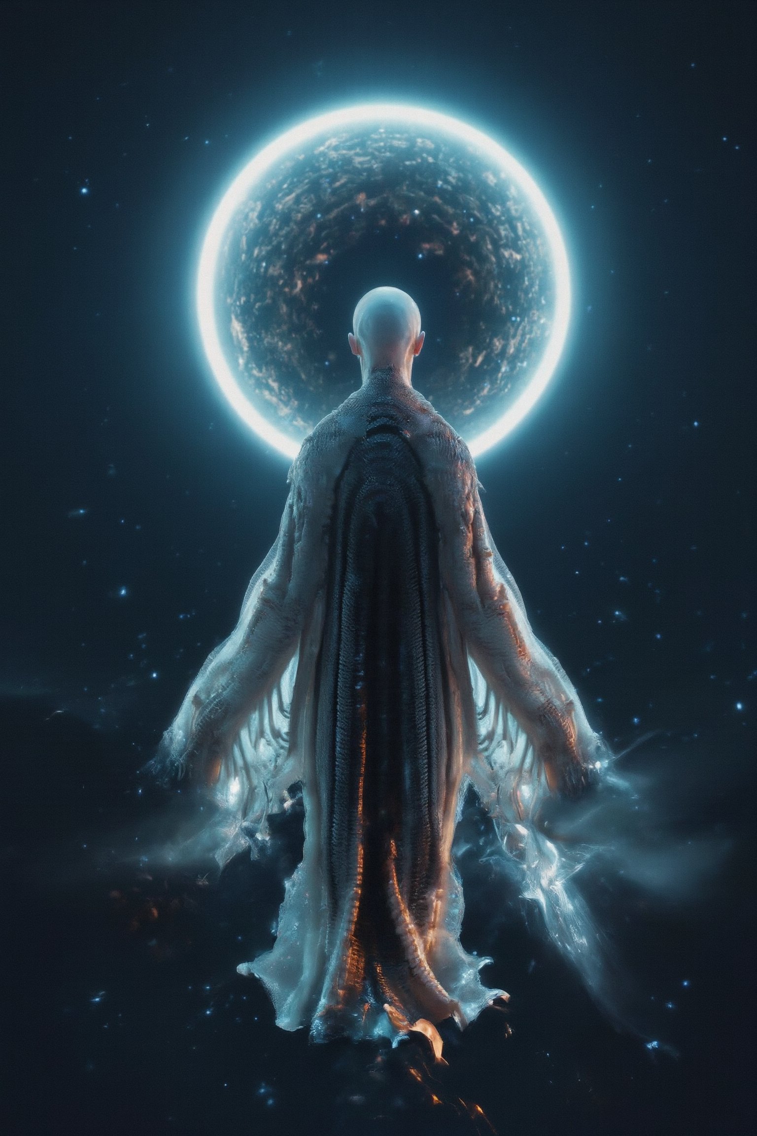 estanlishing shot of white alien floating though space, from behind,  wearing a long flowing tie dye robe adorned with intricate patterns , wandering sage, starry galaxy,huge blue neutron star, , soft ethereal light, , , ,Weird_Aquatic_Style