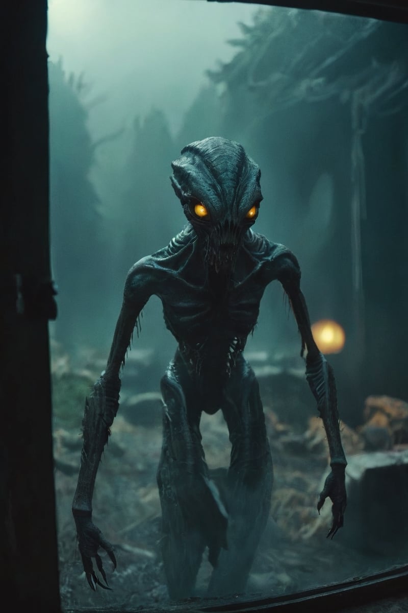 Horror-themed n-eeyblch,  Dark Photo of creepy Aliens Standing outside of your Window and looking inside,  very detailed b...