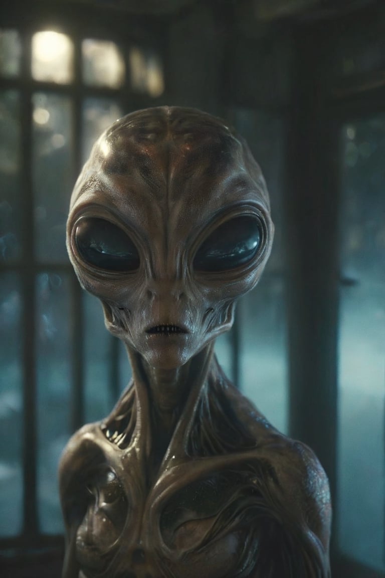 Horror-themed n-eeyblch,  Dark Photo of creepy Aliens Standing outside of your Window and looking inside,  very detailed b...