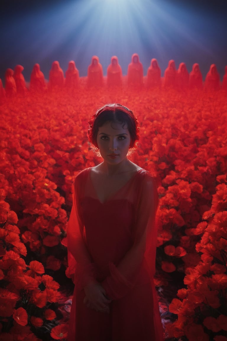 In the center of a vast crowd, one woman stands out in her vibrant red plastic dress and headscarf, surrounded by numerous other individuals also plastic dressed in bright red. The sea of glowing red flower extends far into the background, creating a striking contrast with the central figure.,Movie Still,FlowerStyle,dark,zavy-rmlght