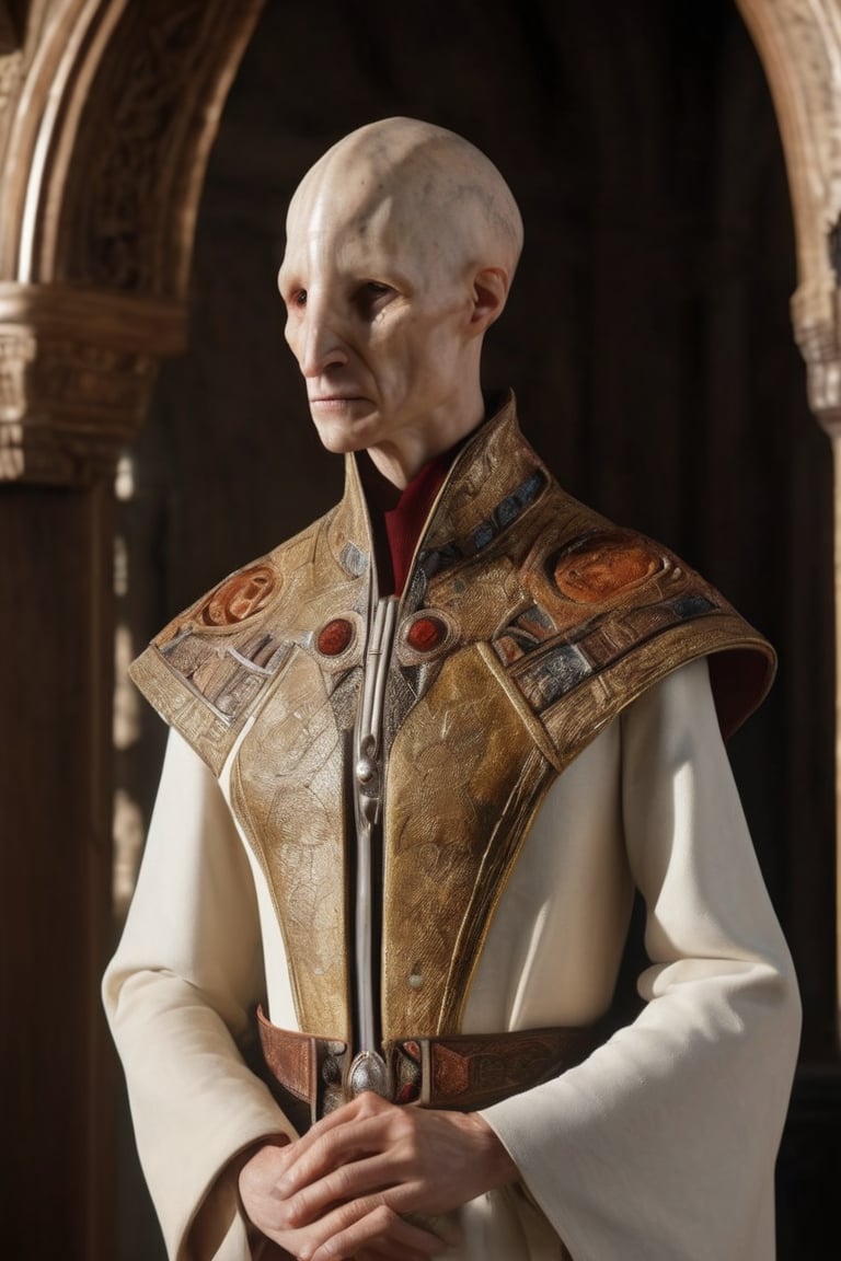 Ultra-realistic 8k CG, masterpiece, best quality, (((ermine wear inquisitor robe))), bite off head of a chicken, medieval Cathedral, dead eyes, still life, high detailed, beautiful intricately and detailed, DOF,      
,GHTEN,science fiction,futuristic alien,alien