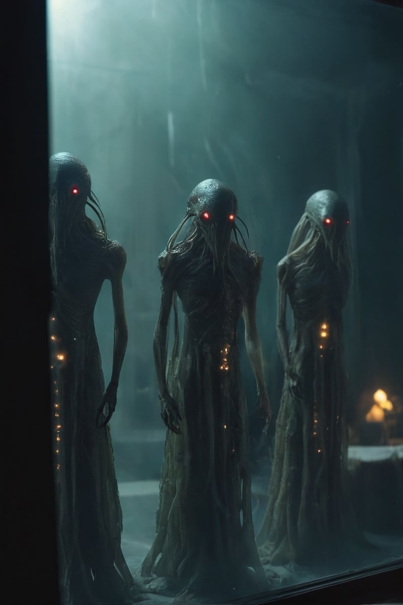 Horror-themed n-eeyblch,  Dark Photo of creepy Aliens Standing outside of your Window and looking inside,  very detailed b...