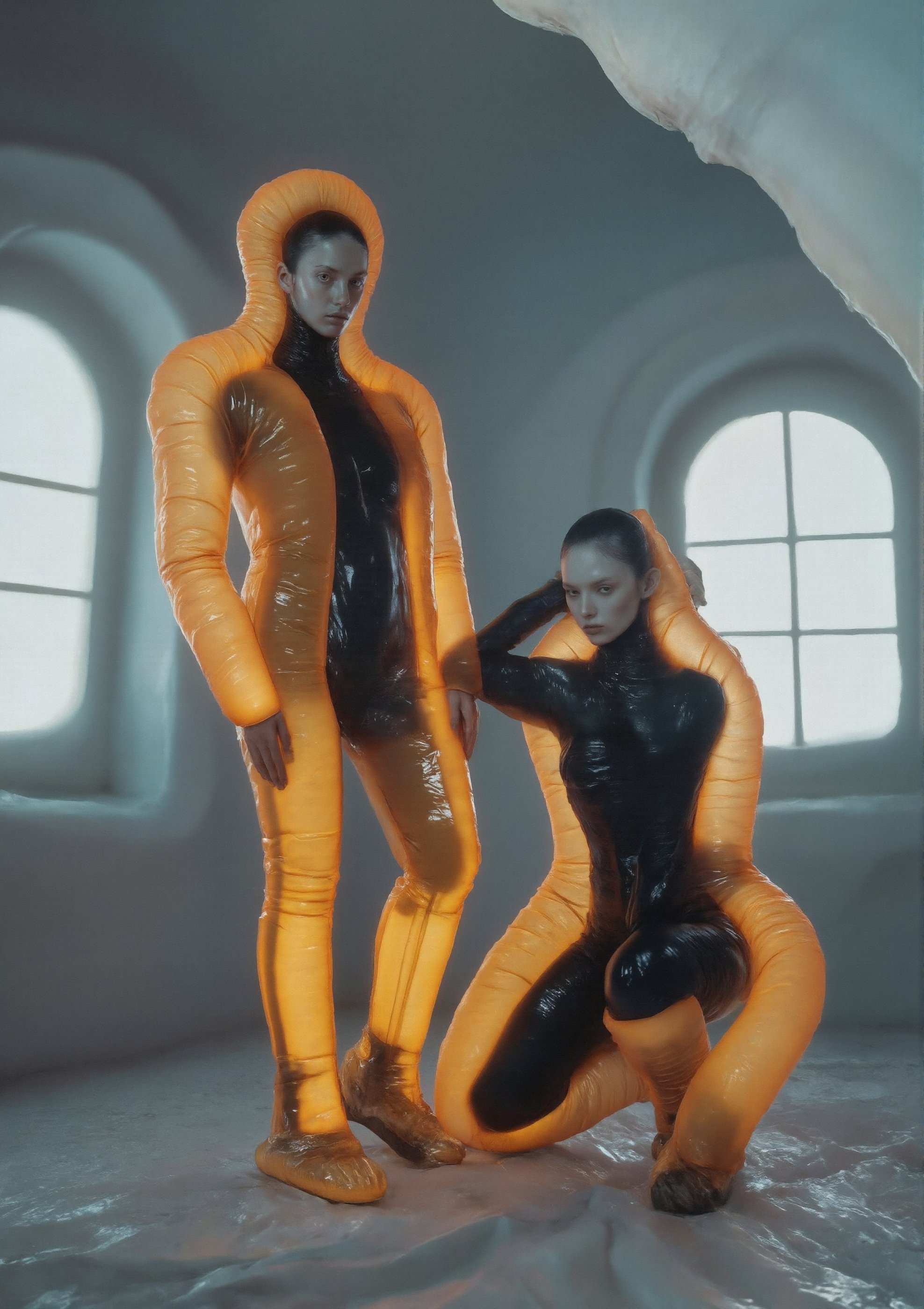 Scene: Two striking models pose in a minimalist, surreal setting where everything around them is inflatable. They wear sexy, fashion-forward straitjackets that cling to their forms, emphasizing their silhouettes while exuding a provocative, edgy vibe. Each model also wears oversized, inflatable shoes that are comically large, adding a whimsical yet surreal twist to their powerful look. The setting is a deflated, crumbling inflatable urban scene, with soft, glossy walls, windows, and even the ground beneath them made entirely of inflatable materials. The textures and shapes mimic a gritty, urban environment but with a surreal, bouncy quality.
Models: The models strike dynamic, confident poses—one standing tall, her inflated shoes grounding her stance, and the other crouching low, balancing the surreal proportions of her footwear. Their straitjackets, designed with high-fashion precision, contrast sharply with the playful, exaggerated inflatable shoes and the soft, pliable world around them.
Mood: Surreal, edgy, and slightly dystopian—a fusion of high fashion with a kinky, inflatable twist, creating a world that feels both strange and compelling.
Background: The inflatable setting is minimalist but textured, with inflatable walls that appear worn and cracked, inflatable windows with soft, sagging frames, and an inflatable ground that ripples underfoot. The entire scene is bathed in a muted, monochrome light, enhancing the surreal atmosphere.,Weird_Alien_Fashion,Weird_Aquatic_Style