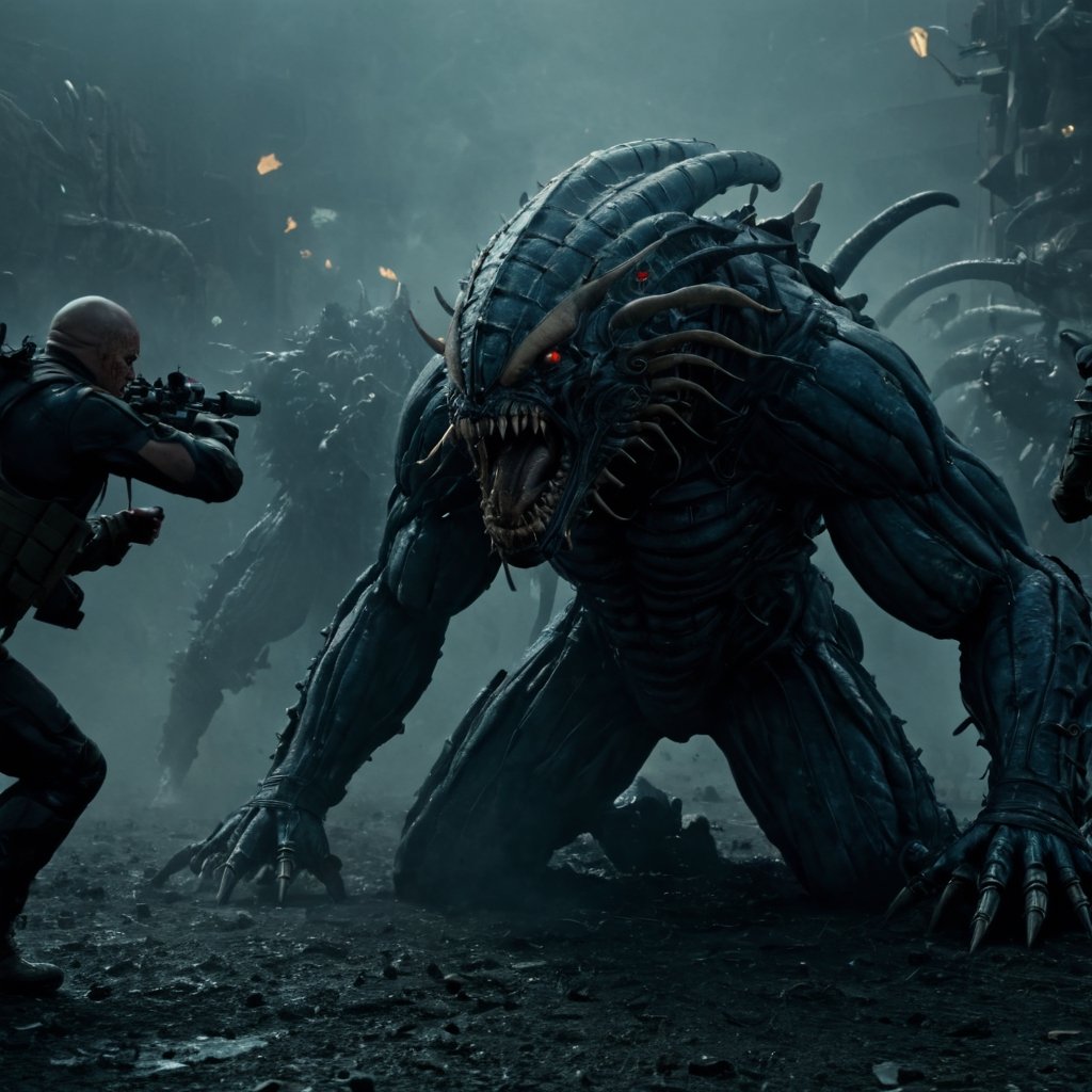Sci-fi movie scene,  soldiers fight against gigantic alien race,  sci-fi weapon by CAPCAY on Tensor.Art
