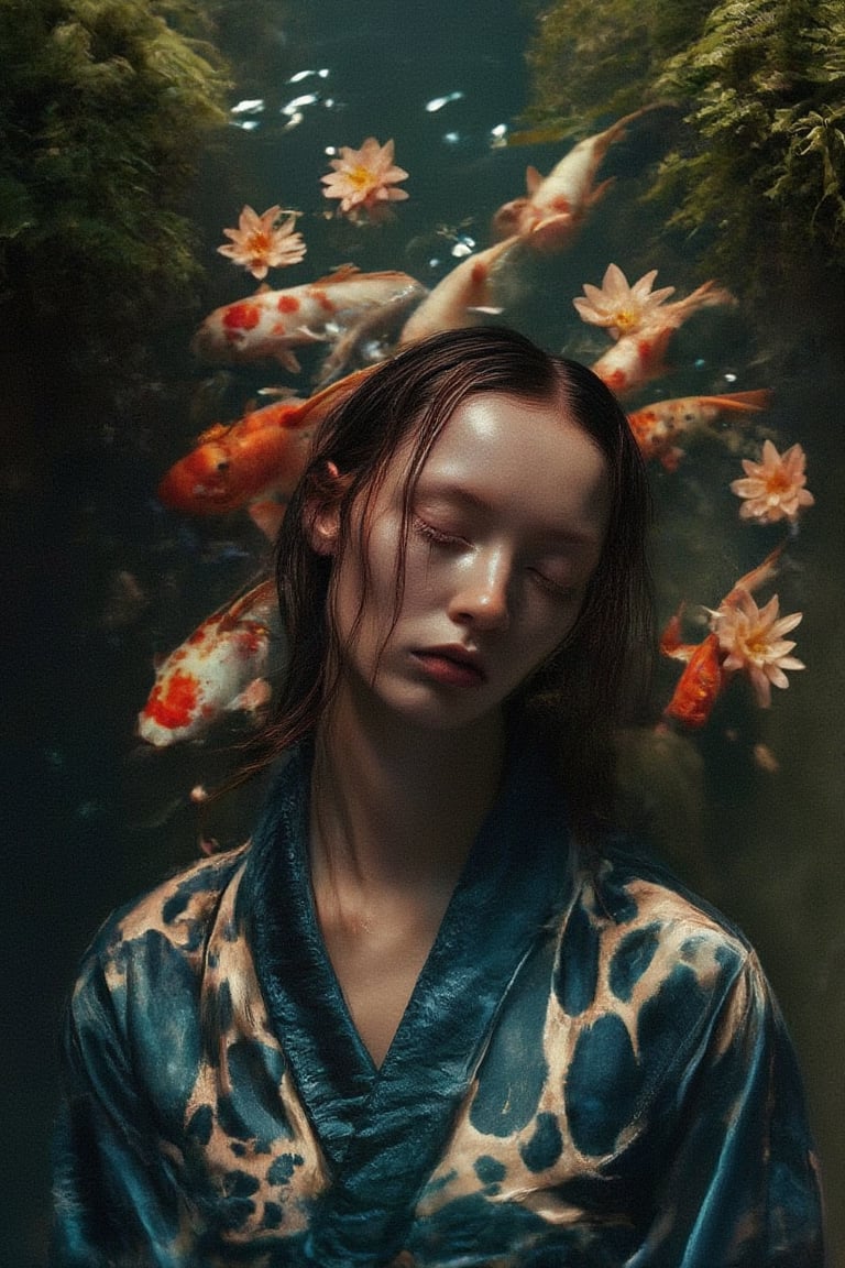 A young man with alabaster skin and raven hair, adorned in an ornate aquamarine kimono, lies serenely amidst a school of vibrantly hued koi, their scales catching the dappled sunlight filtering through the water's surface. The scene, captured in meticulous hyperrealism, employs a rich, jewel-toned palette, evoking the tranquility of a hidden oasis. The composition, a medium shot from a slightly lowered angle, emphasizes the symbiotic harmony between man and nature, the man's languid pose mirroring the koi's graceful movements. His delicate features, framed by damp locks, convey an ethereal peace, his eyes closed as if in a blissful reverie. The water, rendered with photorealistic clarity, reflects the verdant foliage that frames the scene, creating a sense of depth and immersion. Scattered water lilies, their petals unfurling in delicate splendor, add a touch of ephemeral beauty. To further enhance the composition, introduce subtle ripples radiating from the man's form, hinting at a gentle current and emphasizing the living, breathing quality of this aquatic tableau.,Weird_Aquatic_Style