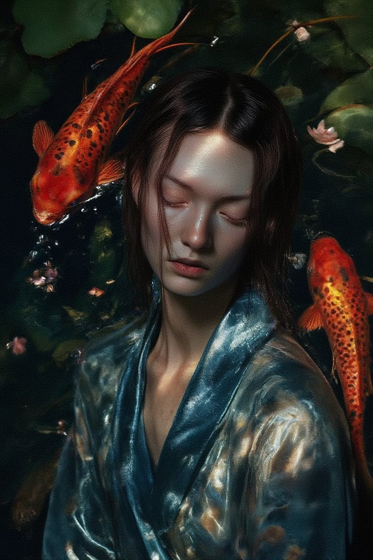 A young man with alabaster skin and raven hair, adorned in an ornate aquamarine kimono, lies serenely amidst a school of vibrantly hued koi, their scales catching the dappled sunlight filtering through the water's surface. The scene, captured in meticulous hyperrealism, employs a rich, jewel-toned palette, evoking the tranquility of a hidden oasis. The composition, a medium shot from a slightly lowered angle, emphasizes the symbiotic harmony between man and nature, the man's languid pose mirroring the koi's graceful movements. His delicate features, framed by damp locks, convey an ethereal peace, his eyes closed as if in a blissful reverie. The water, rendered with photorealistic clarity, reflects the verdant foliage that frames the scene, creating a sense of depth and immersion. Scattered water lilies, their petals unfurling in delicate splendor, add a touch of ephemeral beauty. To further enhance the composition, introduce subtle ripples radiating from the man's form, hinting at a gentle current and emphasizing the living, breathing quality of this aquatic tableau.,Weird_Aquatic_Style