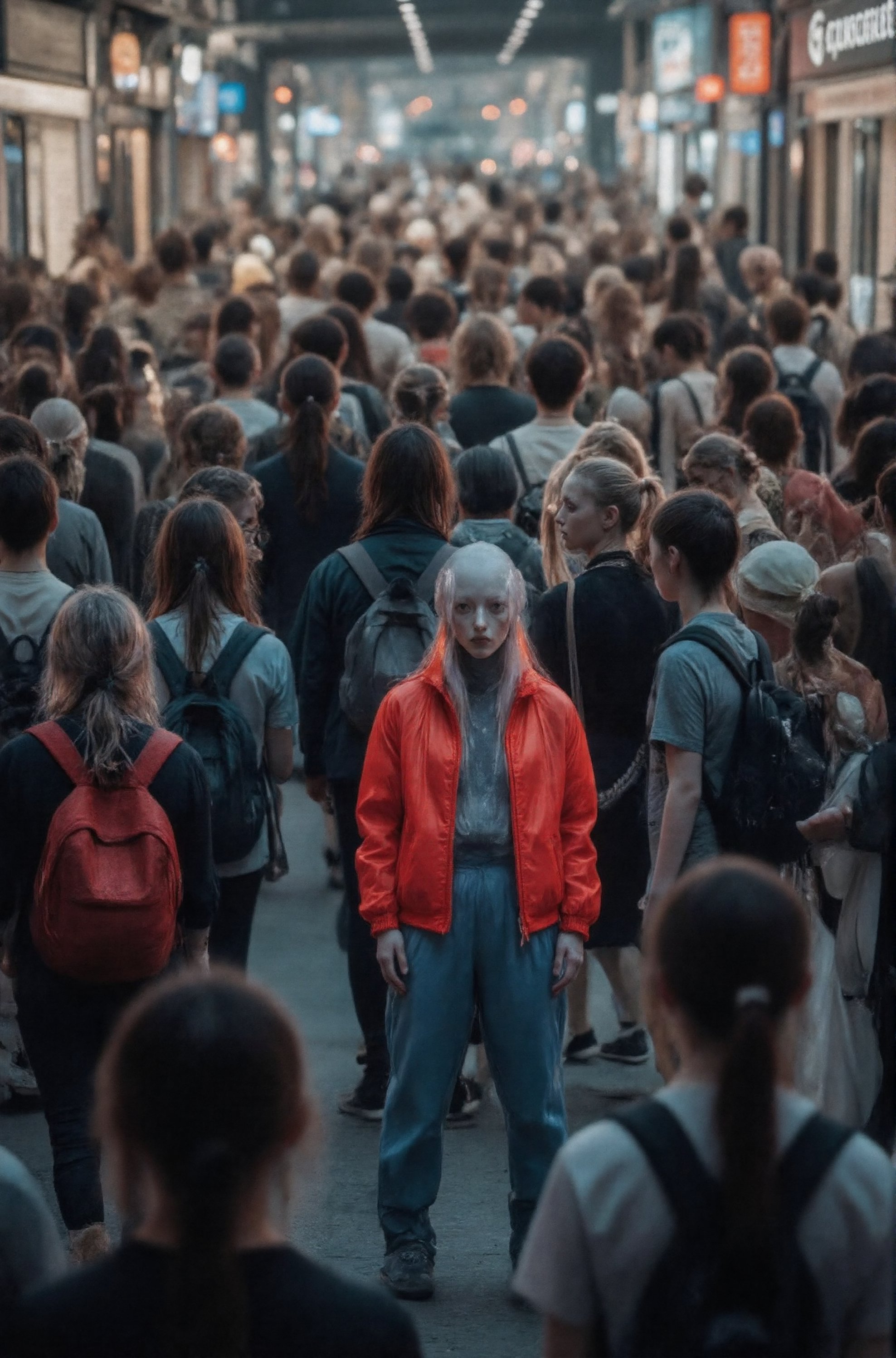 A busy street filled with people, some of whom are carrying backpacks and handbags. The crowd is standing close to each other, creating a bustling atmosphere. In the midst of this crowd, there is a woman wearing a red jacket and blue pants who stands out from the rest. She is posing for the camera while surrounded by the busy street scene.,Weird_Aquatic_Style,weird_crowd_style,Weird_Alien_Fashion