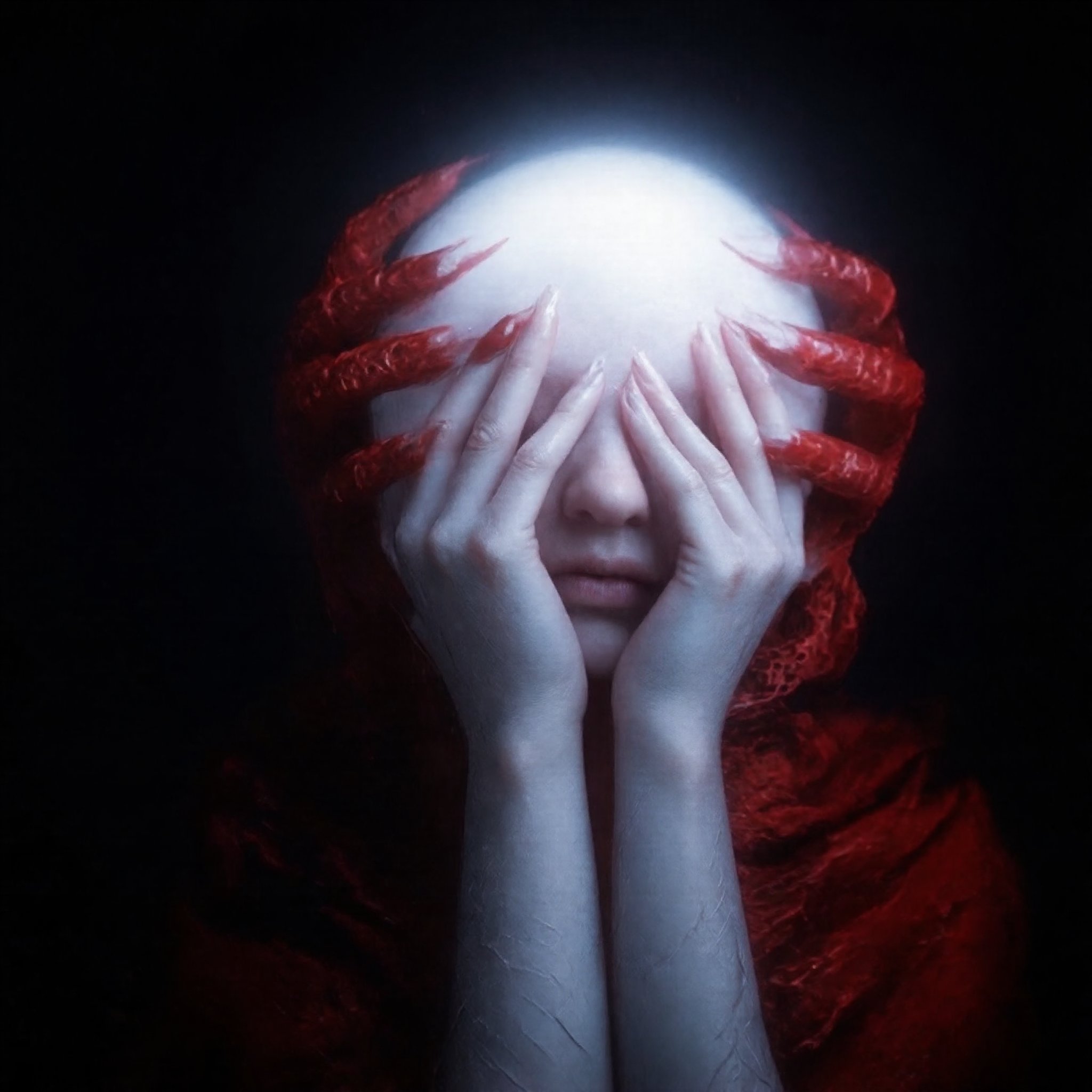 The image depicts a side profile of a person's face, with their eyes covered by red hands and fingers. The individual has white scales skin and is wearing red nail polish on their fingernails. glowing head. The background is dark.,cip4rf,creepy_hand_pose,nighmare,pose,weird_futuristic_fashion