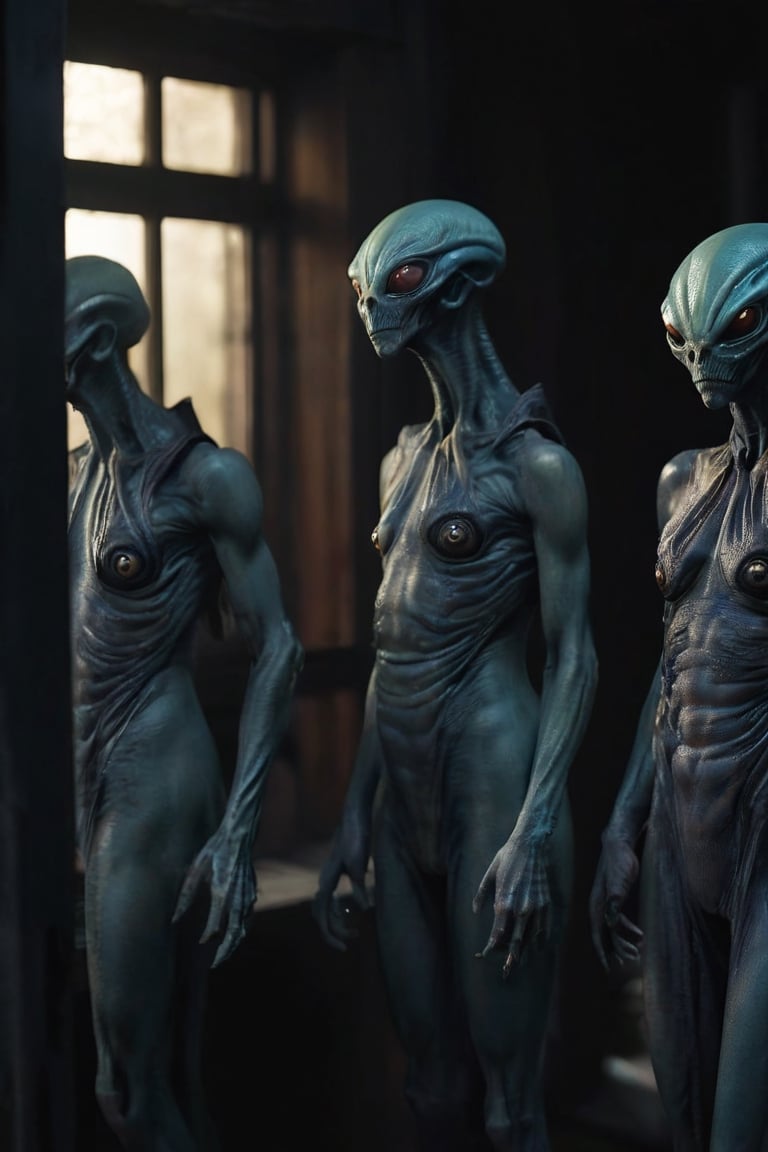 Horror-themed n-eeyblch,  Dark Photo of creepy Aliens Standing outside of your Window and looking inside,  very detailed b...