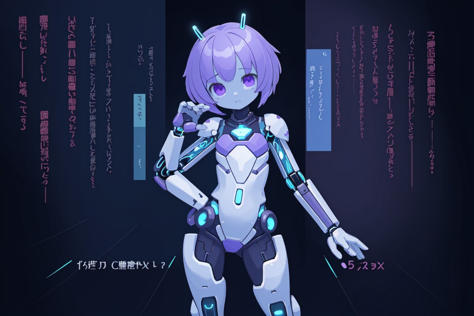 Cybernetic girl touching ascreen of violet data while standing over and abyss of blue data. masterpiece. by Warblade on Te...
