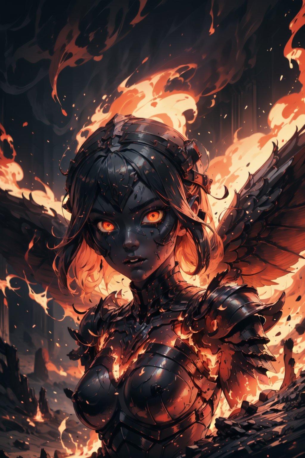 Highres, best quality, extremely detailed, area lighting in background, HD, 8k, 1girl, armor, fiery eyes, overlooking an army, horror style, area lighting in background, flame dress, large burning wings, (levitating:1.2) portrait, upper_body