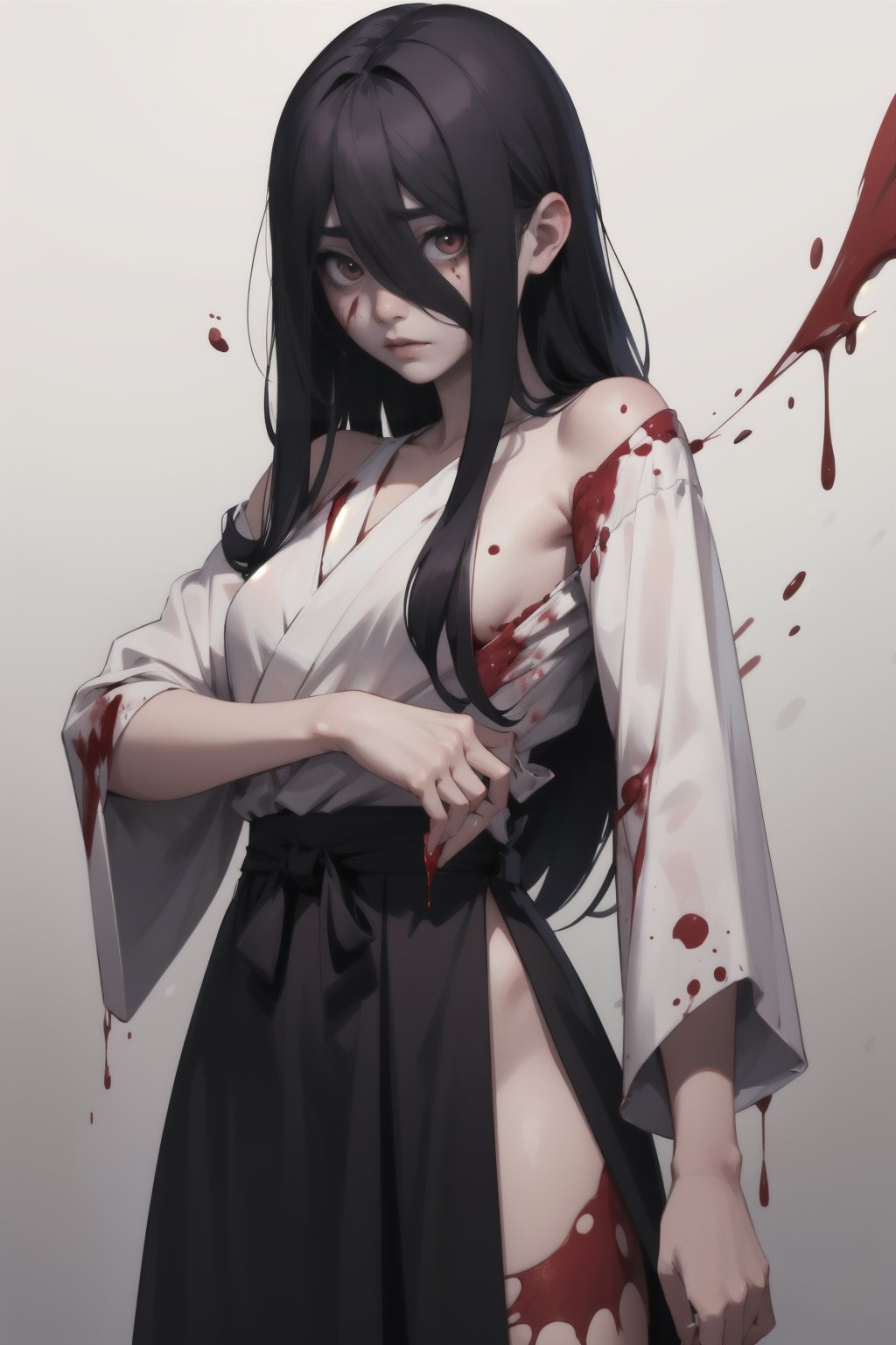 Highres, best quality, extremely detailed, HD, 8k, 1girl, cute, Sadako, goth, blood splattering, bloody, samurai, war background, Sadako, fighting in a war,cowboy shot