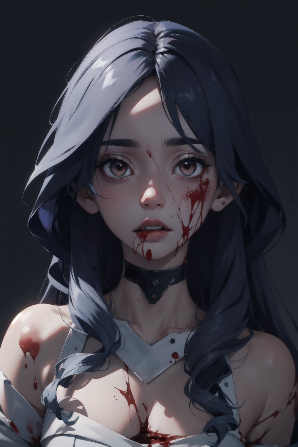 Highres, best quality, extremely detailed, area lighting in background, HD, 8k, 1girl, cute, Sadako, goth, blood splattering, bloody, bloody face