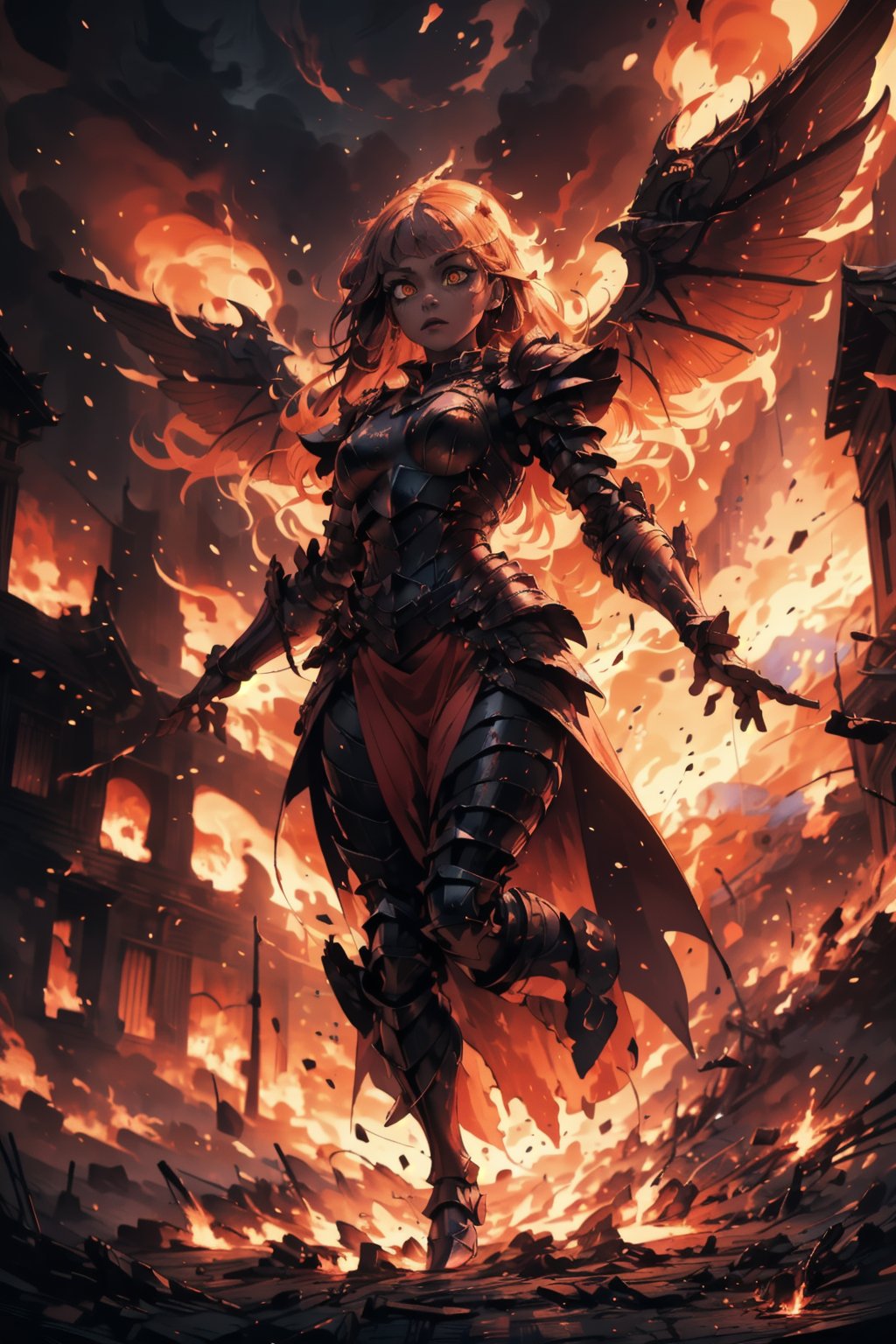 Highres, best quality, extremely detailed, area lighting in background, HD, 8k, 1girl, armor, fiery eyes, overlooking an army, horror style, area lighting in background, flame dress, large burning wings, (levitating:1.2) hovering above ground