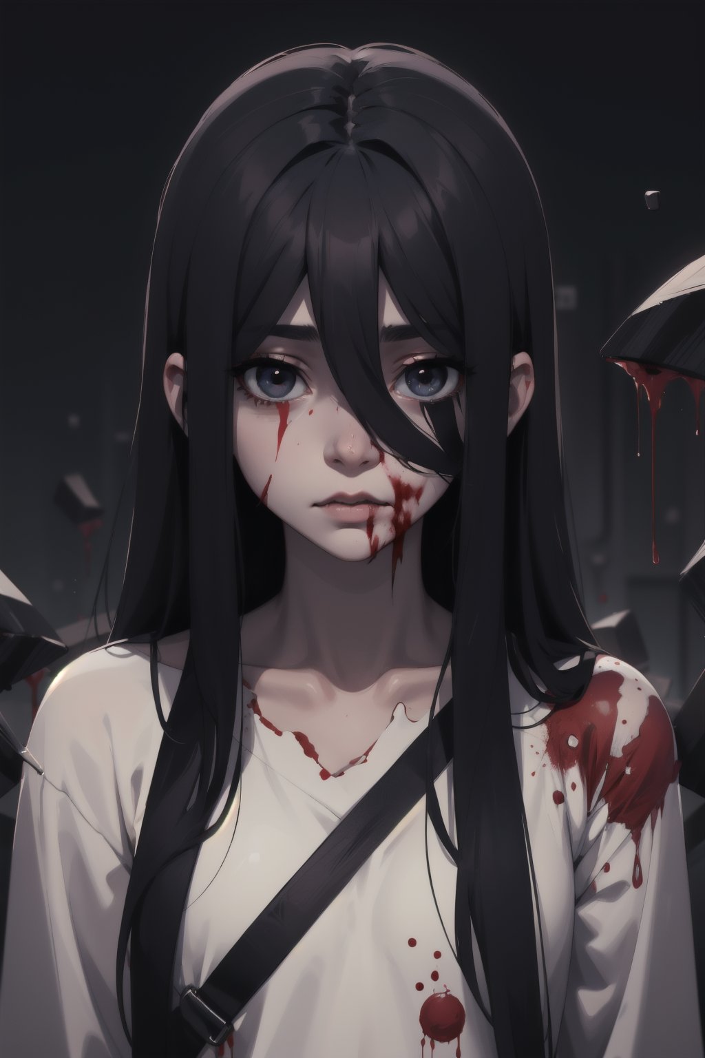 Highres, best quality, extremely detailed, area lighting in background, HD, 8k, 1girl, cute, Sadako, goth, blood splattering, bloody, bloody face,Sadako