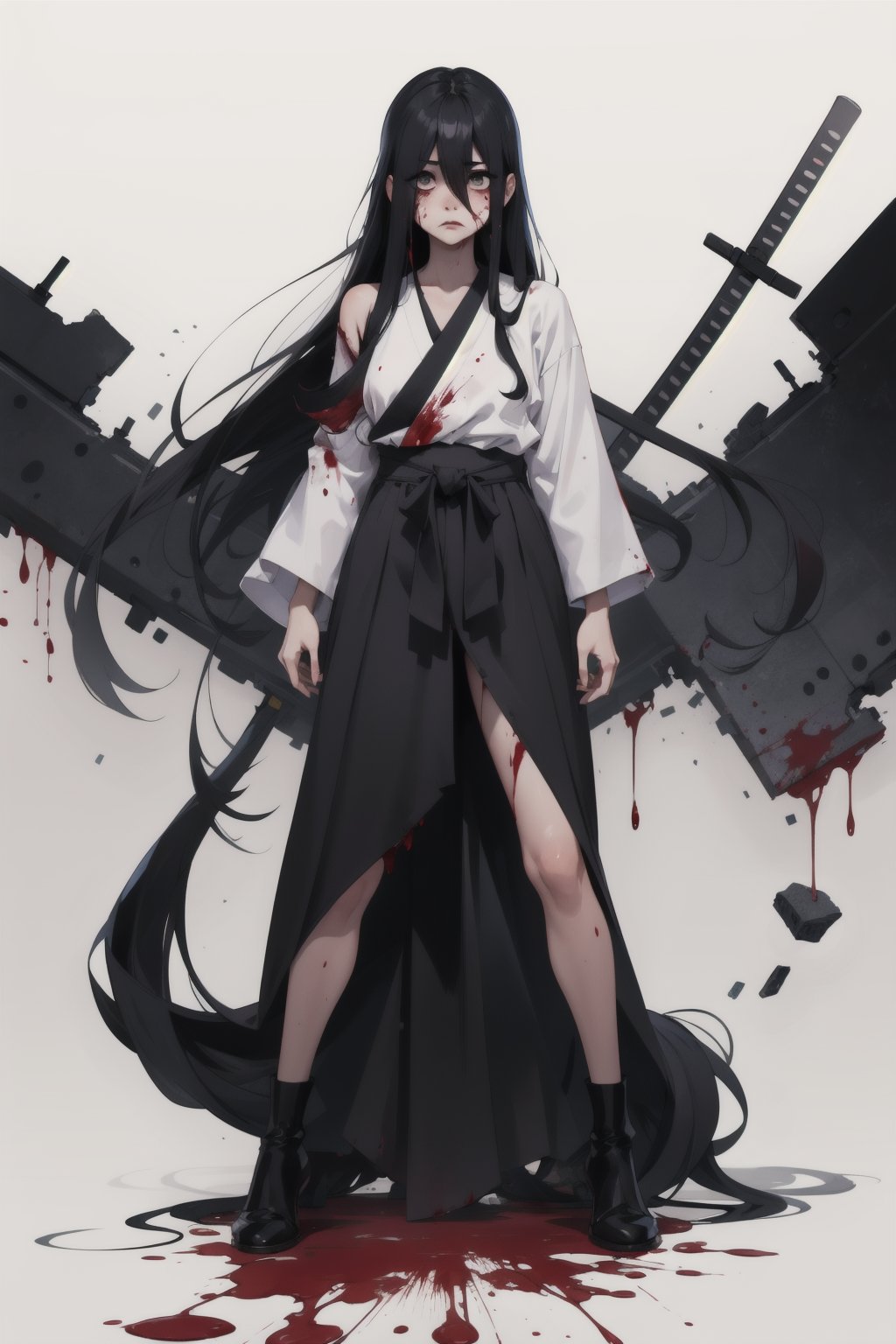 Highres, best quality, extremely detailed, HD, 8k, 1girl, cute, Sadako, goth, blood splattering, bloody, samurai, war background, Sadako, fighting in a war, full body