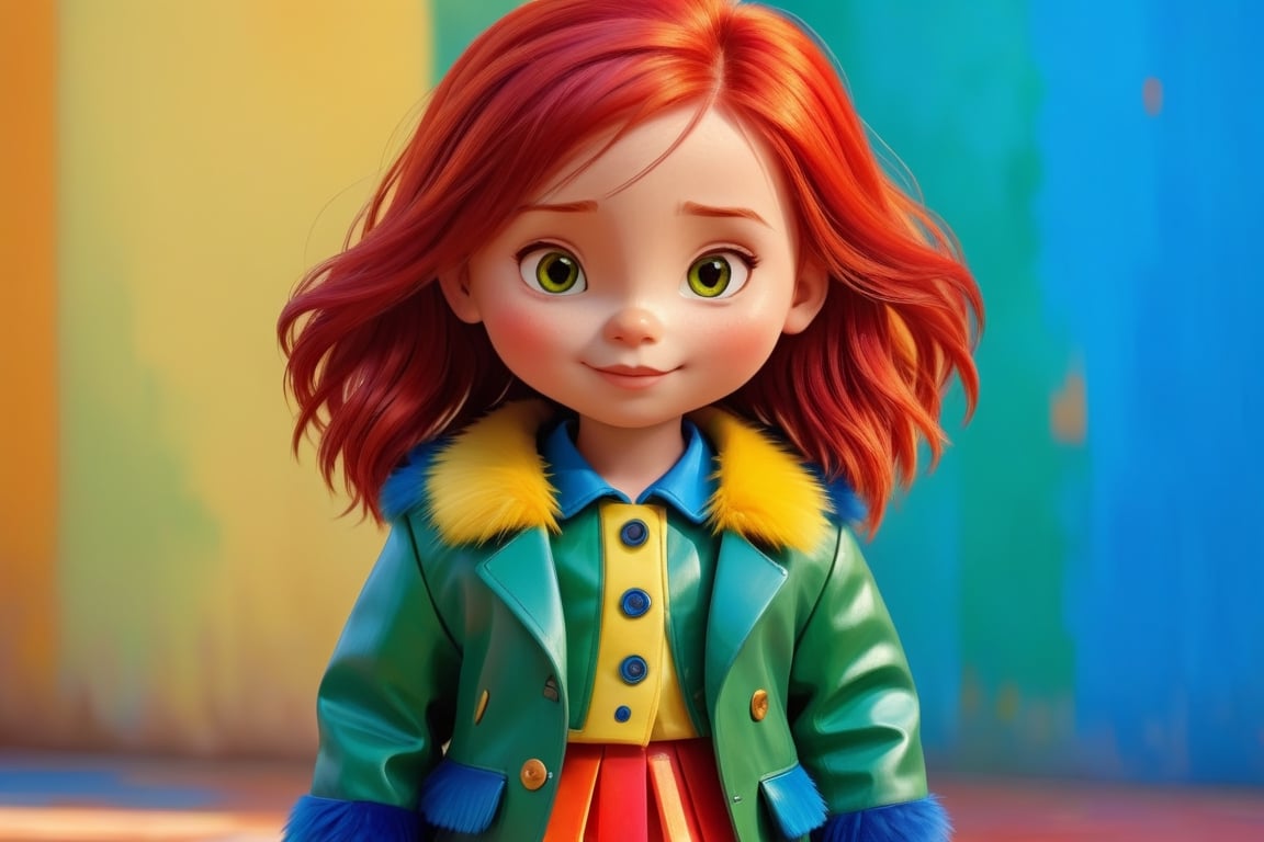 pinquin girl with red hair, wearing a green blue and red color jacket and yellow skirt, smooth painting, fine details, colorful brushstrokes, red, orange, blue reflections, fine detailed sharp fur, warm color tone, colored painted floor and background, shiny eyes,3d style, cute face