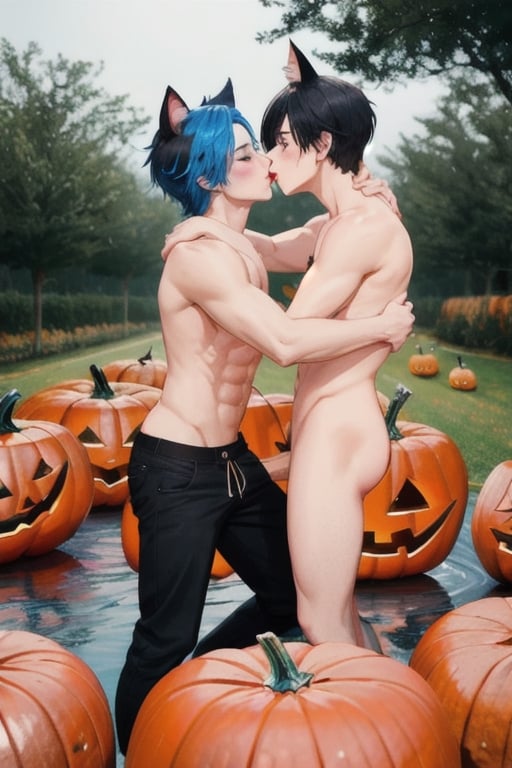 (halloween:1.3)masterpiece, best quality,3boys, animal ears, blue eyes,colored sclera, black hair, cat ears, multicolored hair, freckles, two-tone hair, blue hair, male focus, lips, short hair, black sclera, gay_sex, full_body, uncensored, male_only, jack-o-lantern, pumkin,nude,sexy, bucket of water with floating apples, costume, bobbing for apples game, sexy costume, sex with pumpkin, lewd,topless, crowd, nude, circumcised_penis, gay_sex, kissing boy, prositute, male breast, public_indecency,glory_hole,sex toys, on knees,2boys ,gay sex