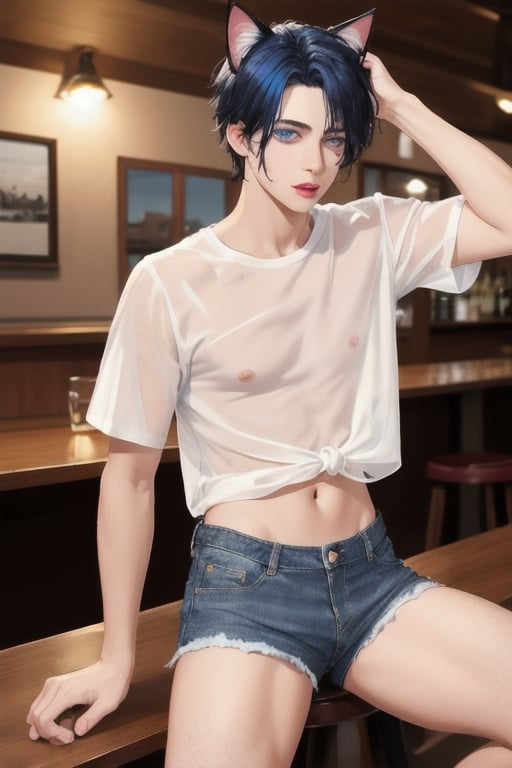 masterpiece, best quality, animal ears, blue eyes,colored sclera, black hair, cat ears, multicolored hair, freckles,1boys,  two-tone hair, blue hair, male focus, lips, short hair, black sclera, topless, gay_sex, full_body, uncensored, male_only, old style, looking at viewer, , shirt, navel, standing, white shirt, short sleeves, cowboy shot, midriff, short shorts, lips, denim, t-shirt, clothes writing, freckles,  realistic, tied shirt, daisy duke shorts, tight shirt, midnight, male prostitute, "slut" written on shirt, cowboy boots, dark night,  crowd, nighttime, wet_clothes, male_nipples see through shirt, in pub, butt_cheeks, fly down, drinking martini glass,  grobing ass
