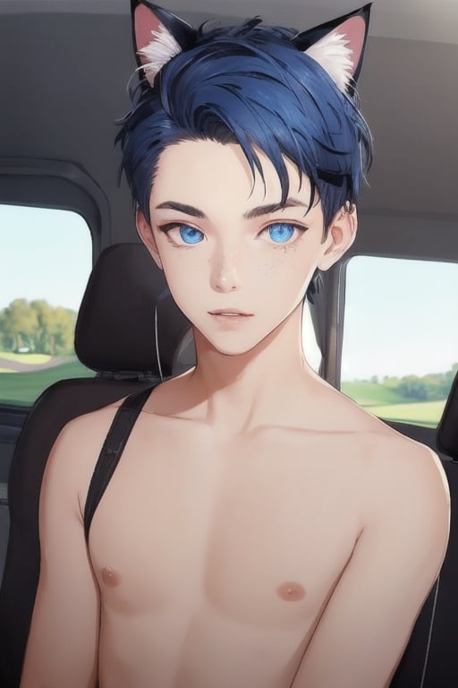 ((masterpiece)), best quality, animal ears, blue eyes,colored sclera, black hair, cat ears, multicolored hair, freckles,1boys,  two-tone hair, blue hair, male focus, lips, short hair, black sclera, topless, gay_sex, full_body, uncensored, male_only, cute twink boy standing in the golf course wearing pink panties and stockings, boy with small dick in the panties, small penis bulge, feminine body, feminine boy, submissive, taking selfie, body with small dick,  boy with wide hips, big ass, perfection model, perfect body, perfect cock, complex_background, detailed face, detailed hands,High detailed, realhands, golf cart, golfers