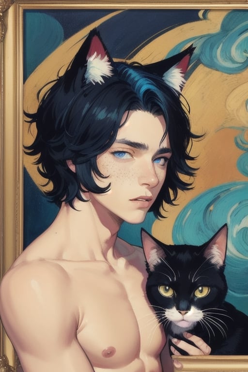 masterpiece,  solo, animal ears, blue eyes,colored sclera, black hair, cat ears, multicolored hair, freckles,2boy,  two-tone hair, blue hair, male focus, lips, short hair, black sclera, topless, gay_sex, full_body, uncensored, male_only, Oil Painting, painting in gold frame, nude,(in van gogh painting style),  Post-Impressionism, bold colors and expressive,textured brushwork,expressive lines,wavey directions