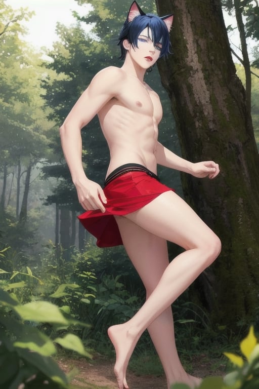 masterpiece, best quality,1boy, animal ears, blue eyes,colored sclera, black hair, cat ears, multicolored hair, freckles,1boys,  two-tone hair, blue hair, male focus, lips, short hair, black sclera, gay_sex, full_body, uncensored, male_only, running out of forest, nude,running, running away down path, red thong,bare_foot, red mini skirt, barefeet