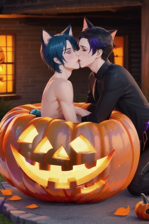 (halloween:1.3)masterpiece, best quality,3boys, animal ears, blue eyes,colored sclera, black hair, cat ears, multicolored hair, freckles, two-tone hair, blue hair, male focus, lips, short hair, black sclera, gay_sex, full_body, uncensored, male_only, jack-o-lantern, pumkin,nude,sexy, bucket of water with floating apples, costume, bobbing for apples game, sexy costume, sex with pumpkin, lewd,topless, crowd, nude, circumcised_penis, gay_sex, kissing boy