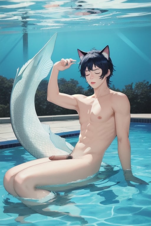 masterpiece, best quality, solo, animal ears, blue eyes,colored sclera, black hair, cat ears, multicolored hair, freckles,1boy,  two-tone hair, blue hair, male focus, lips, short hair, black sclera, topless, gay_sex, full_body, uncensored, male_only, nude, tiny circumcised_penis,nude,wading,underwater, air bubble, merman, mermaid body, eyes closed,pool bottom, man kissing sleeping boy
