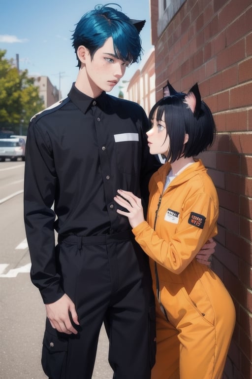 1boy,boy age 18,masterpiece, best quality, boy animal ears, boy blue eyes,boy colored sclera, boy black hair, cat ears, boy multicolored hair, boy freckles, boy two-tone hair, boy blue hair, male focus, lips, boy short hair, boy black sclera,boy in prison uniform, boy in orange jump suit,woman bailing out boy