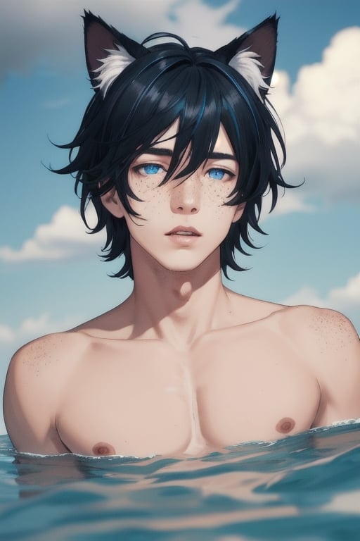 masterpiece, best quality, solo, animal ears, blue eyes,colored sclera, black hair, cat ears, multicolored hair, freckles,1boy,  two-tone hair, blue hair, male focus, lips, short hair, black sclera, topless, gay_sex, uncensored, male_only,speedo, in black water, gaint t vertex, caught in vertex drowning, vertex sucking boy down, dark stormy sky, vertex, maelstroms, head above water