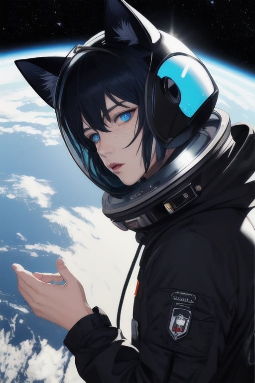 masterpiece, best quality, solo, animal ears, blue eyes,colored sclera, black hair, cat ears, multicolored hair, freckles,1boy,  two-tone hair, blue hair, male focus, lips, short hair, black sclera, full_body, uncensored, male_only, wearing vivid dark black and white space suit, helmet, tined face shield,Rear Angle, outer_space, spack walk , outside alien spaceship