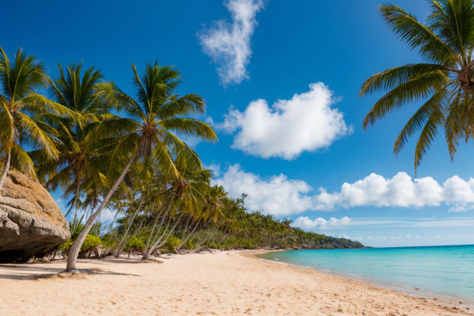 beach landscape, blue sky with clouds, midday, palms, rocks

