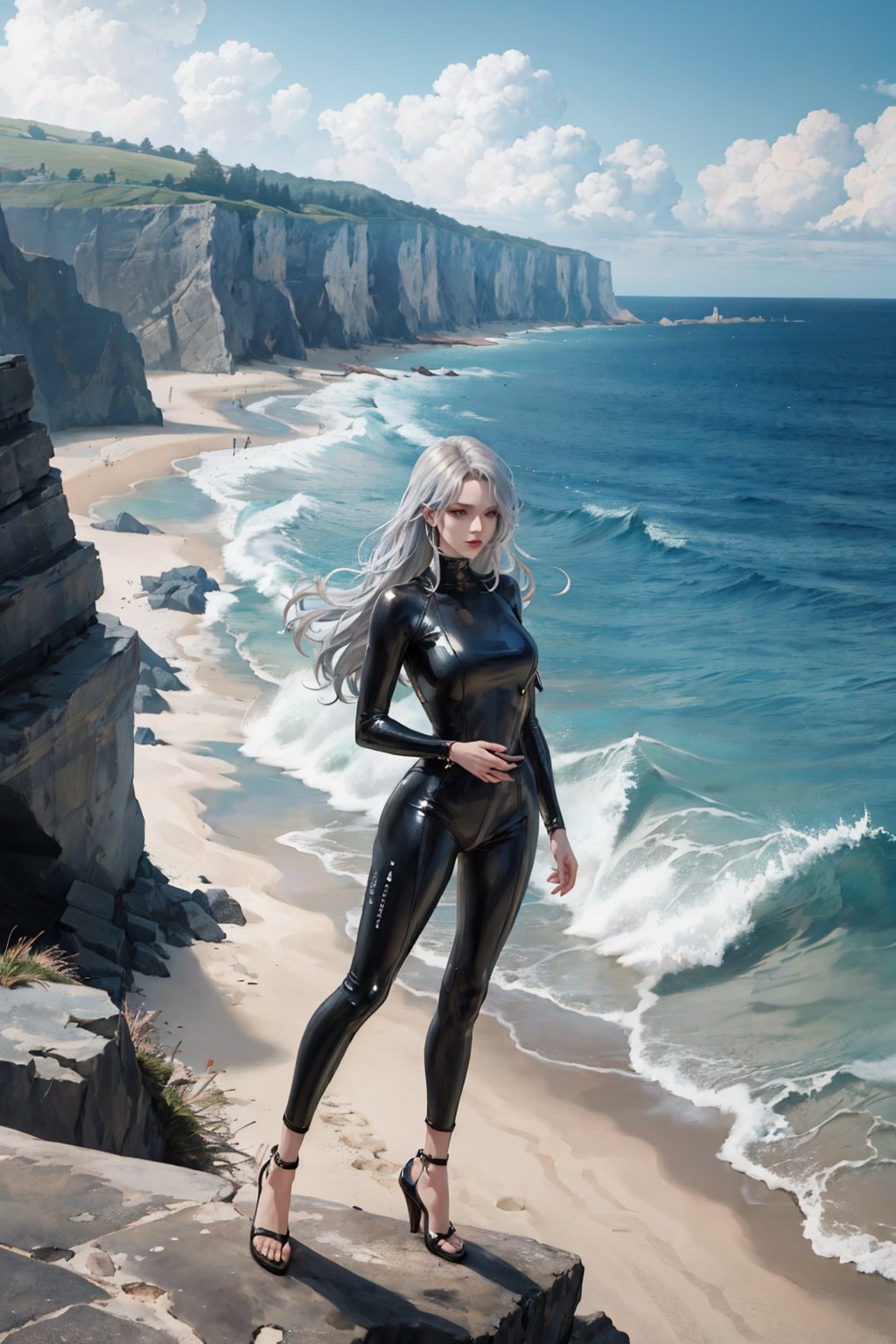 (masterpiece:1.2, best quality), 1lady, solo, long hair, blonde, shiny skin, 

An all-black ensemble featuring a tailored jumpsuit with strappy heels and minimalistic silver jewelry.Seaside Cliffs: Dramatic seaside cliffs overlooking crashing waves and endless ocean vistas create a sense of adventure and wanderlust.
