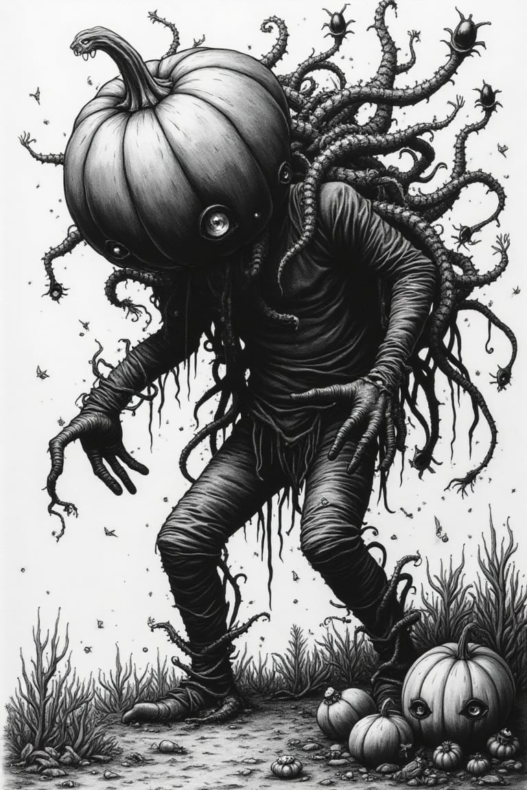 Eerie black and white illustration in the style of Junji Ito. A dark figure emerges out of a Pumpkin patch, draped with vines, leaves and roots from the grounds. It's head, an distorted pumpkin is oversized beyond being normal, so much that it defies logic. \nThe creature's body is human-like but distorted, with impossibly long, spindly legs clad torn clothing. The torso is wrapped in a vines. A mass of writhing vine-like tentacles and eyes emerges from behind it's back.\nThe tentacles extend outward. Some tentacles end in additional eyes or mouths filled with sharp teeth.\nMeticulous cross-hatching and intricate line work create depth and texture. Strong contrast between deep blacks and stark whites, with no gradients. The overall atmosphere is one of cosmic horror and the corruption of knowledge.