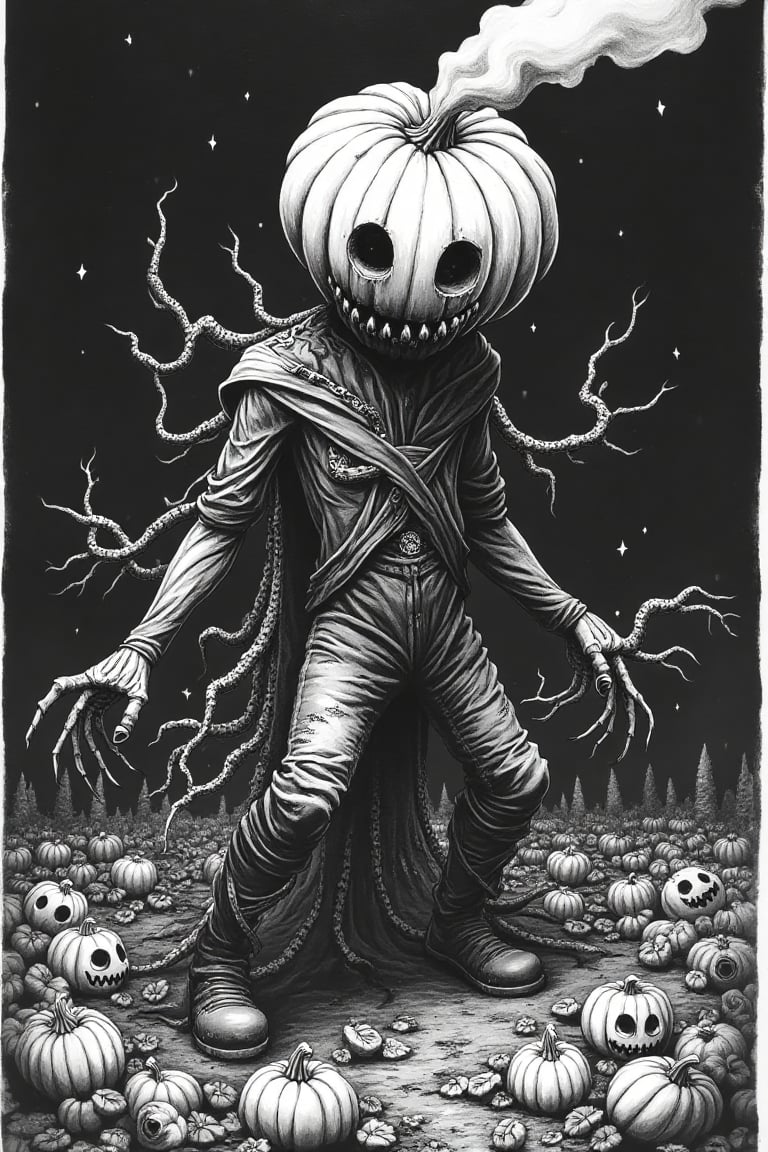 A haunting black and white illustration depicts a dark figure emerging from a Pumpkin patch shrouded in vines, leaves, and roots. A grotesque pumpkin head, oversized and distorted, glows with eyes that emit thick streams of smoke. The creature's human-like body is twisted, with impossibly long legs clad in torn clothing and a torso wrapped in vines. Tentacles emerge from its back, some ending in additional eyes or mouths filled with sharp teeth. Meticulous cross-hatching and intricate line work create depth and texture against the stark contrast of deep blacks and whites, evoking an atmosphere of cosmic horror and the corruption of knowledge as the figure emerges from the Pumpkin patch.