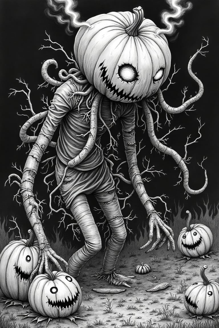 A haunting black and white illustration depicts a dark figure emerging from a Pumpkin patch shrouded in vines, leaves, and roots. A grotesque pumpkin head, oversized and distorted, glows with eyes that emit thick streams of smoke. The creature's human-like body is twisted, with impossibly long legs clad in torn clothing and a torso wrapped in vines. Tentacles emerge from its back, some ending in additional eyes or mouths filled with sharp teeth. Meticulous cross-hatching and intricate line work create depth and texture against the stark contrast of deep blacks and whites, evoking an atmosphere of cosmic horror and the corruption of knowledge as the figure emerges from the Pumpkin patch.