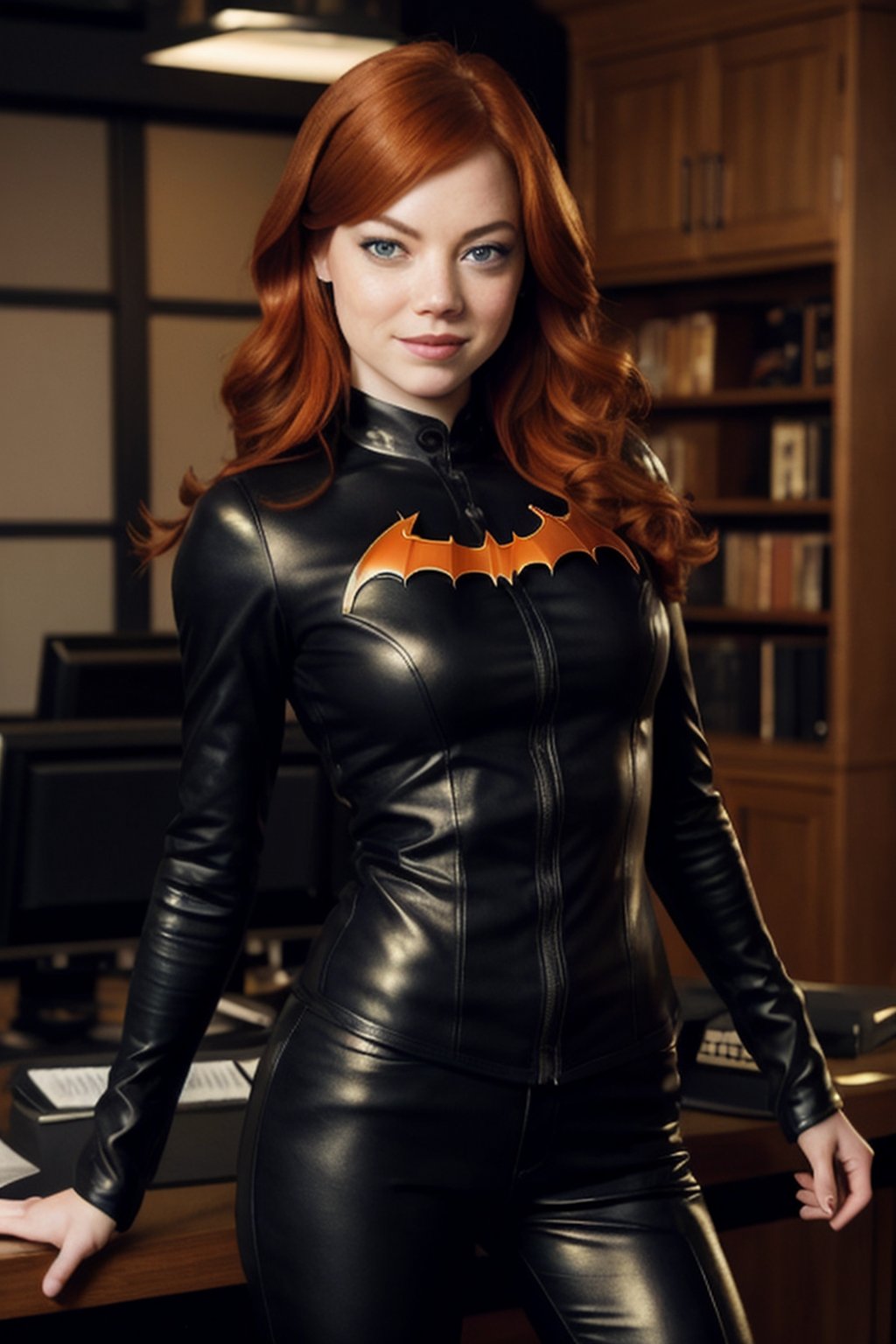 Redhead Emma Stone with smoky eyes, flawless likeness, as Barbara Gordon in her black Batgirl all-leather outfit, bat symbol on her chest, in her father's office, looking badass, (Athletic well-proportioned body),(Ultra realistic), (Illustration), (High resolution), (8K), (Very detailed), (Best illustration), (Beautiful eyes), (Best quality), (Ultra detailed), (Masterpiece), (Detailed face), Solo,(Dynamic pose), 1 girl, big smile, perfect eyes, dark studio