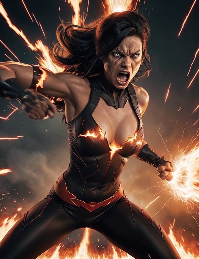 A Photograph capturing a woman's explosive fury in a comic book style. Show her intense anger radiating from her body as energy bolts crackle around her, her eyes ablaze with fiery rage. Use dynamic lines, bold colors, and exaggerated facial expressions to convey the intensity of her wrath.