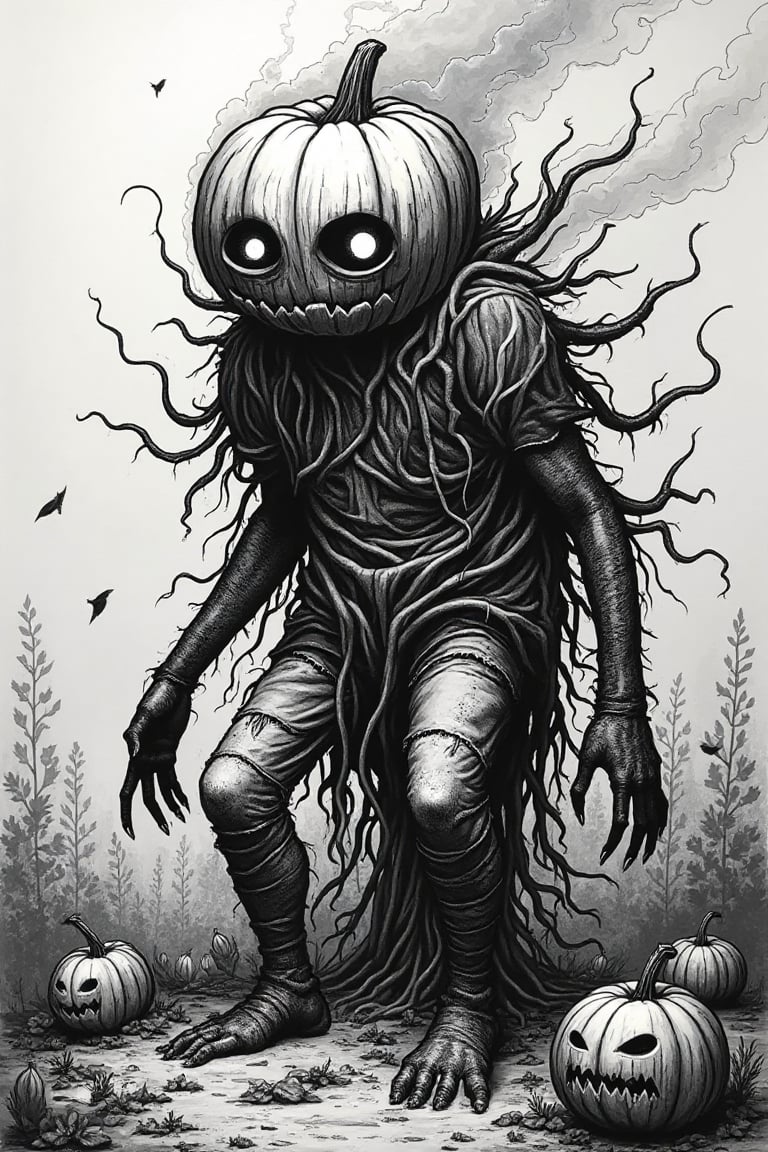 A haunting black and white illustration depicts a dark figure emerging from a Pumpkin patch shrouded in vines, leaves, and roots. A grotesque pumpkin head, oversized and distorted, glows with eyes that emit thick streams of smoke. The creature's human-like body is twisted, with impossibly long legs clad in torn clothing and a torso wrapped in vines. Tentacles emerge from its back, some ending in additional eyes or mouths filled with sharp teeth. Meticulous cross-hatching and intricate line work create depth and texture against the stark contrast of deep blacks and whites, evoking an atmosphere of cosmic horror and the corruption of knowledge as the figure emerges from the Pumpkin patch.