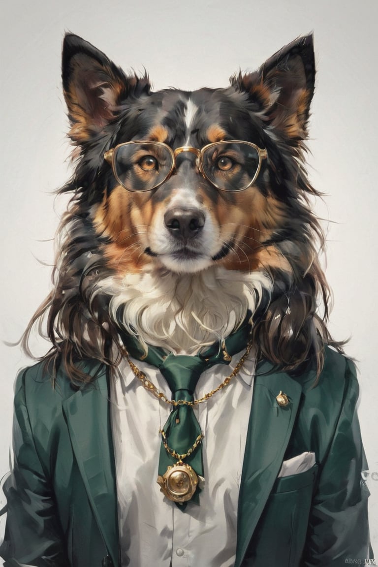 AP,glasses,no humans,dog,collie,realistic,white background,simple background,solo,dark green suit, animal focus,necklace,jewelry,brown eyes,animal,looking at viewer, , professional, studio shot, ,Manga style illustration
