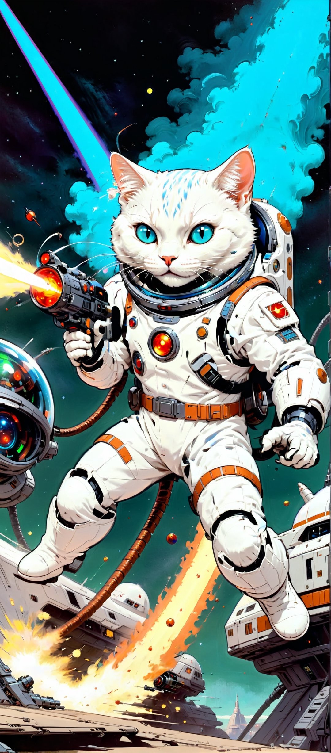 Oil Painting full size of a white cat in a space suit fighing off aliens with a lazer blaster,  sci-fi,  outer_space by re...