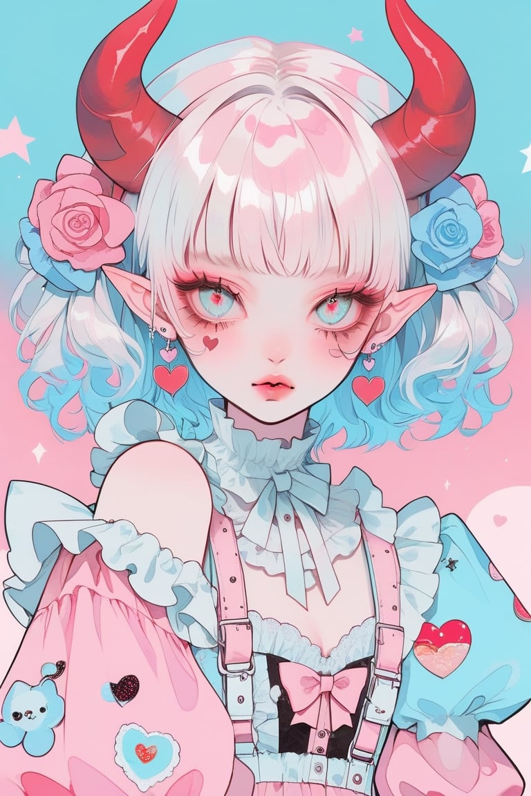 1girl, albino demon girl, (long devil horns) ,heavy makeup, earrings,candycore outfits,pastel aesthetic,Maximalism Pink Lolita Fashion,
Clothes with kawaii prints inspired by Decora, cute pastel colors, Pastel Blue,
,beautiful red eyes , heart,,emo,kawaiitech,dollskill