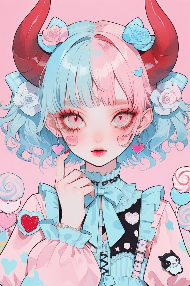 1girl, albino demon girl, (long devil horns) ,heavy makeup, earrings,candycore outfits,pastel aesthetic,Maximalism Pink Lolita Fashion,
Clothes with kawaii prints inspired by Decora, cute pastel colors, Pastel Blue,
,beautiful red eyes , heart,,emo,kawaiitech,dollskill