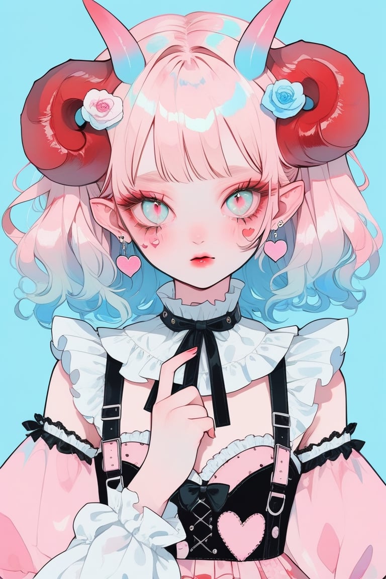 1girl, albino demon girl, (long devil horns) ,heavy makeup, earrings,candycore outfits,pastel aesthetic,Maximalism Pink Lolita Fashion,
Clothes with kawaii prints inspired by Decora, cute pastel colors, Pastel Blue,
,beautiful red eyes , heart,,emo,kawaiitech,dollskill