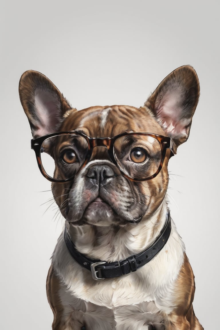 AP,glasses,no humans,dog, french bulldog ,realistic,white background,simple background,solo, animal focus,brown eyes,animal,looking at viewer, professional, studio shot, ,Manga style illustration
