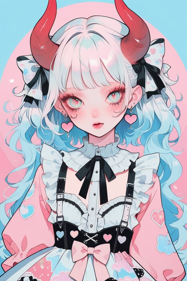 1girl, albino demon girl, (long devil horns) ,heavy makeup, earrings,candycore outfits,pastel aesthetic,Maximalism Pink Lolita Fashion,
Clothes with kawaii prints inspired by Decora, cute pastel colors, Pastel Blue,
,beautiful red eyes , heart,,emo,kawaiitech,dollskill