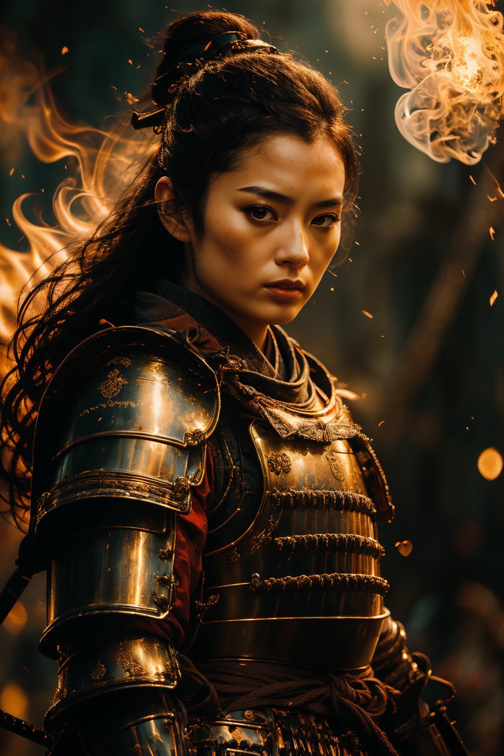 Generate a captivating imageof a 25-year-old girl in samurai armor, intricately detailed armor with golden ornaments, dark hair blowing in wind, High resolution image, cinematic lighting, ancient japan background with flames and smoke,