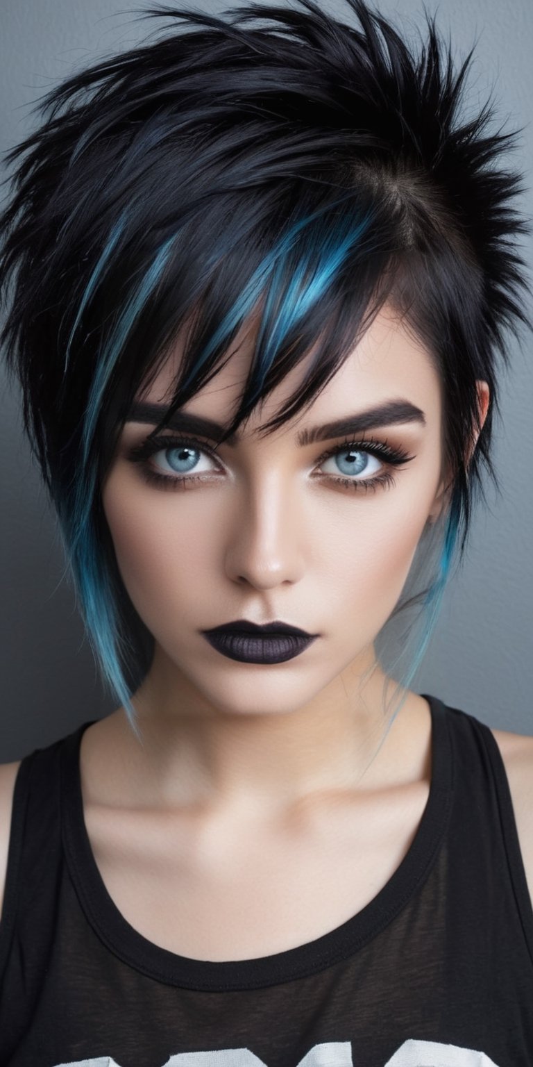 ((top quality)),  ((masterpiece)),  (((half body view of a young gothic girl with a hairstyle of punky by Feronzz on Tenso...