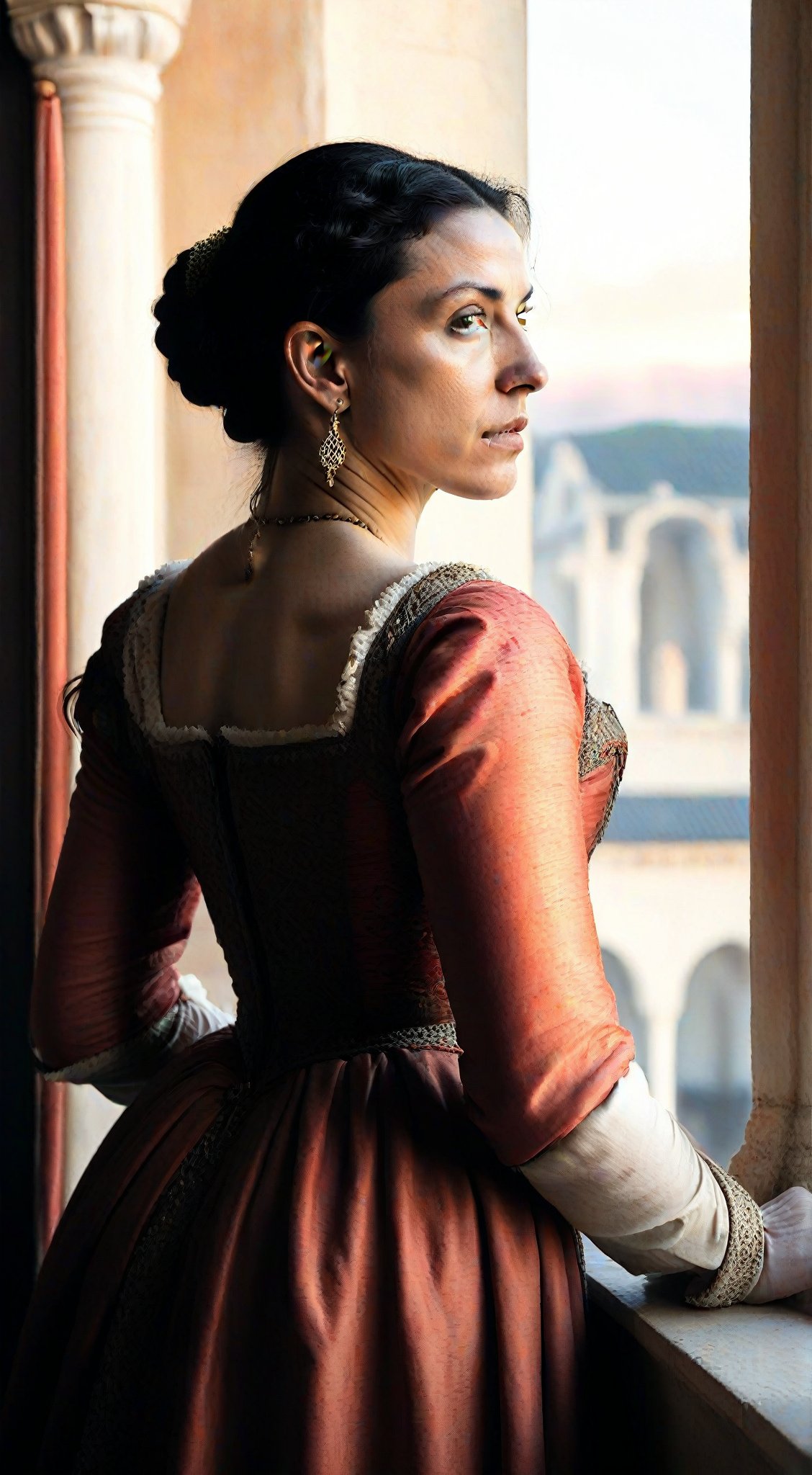 masterpiece, hyper-detailed, photorealistic, ultra photoreal, cinematic Light, renaissance woman, in16th century style dressed, medium shot image, a lady looking away, black hair. background of a sunset from the window of a palace, 16th century white and red clothes with intricate details and ornaments, ultra realistic details, photorealistic, realistic skin texture,itacstl